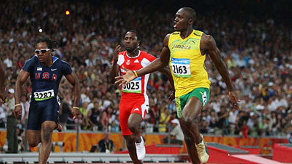 Usain Bolt tuulettaa loppusuoralla. Kuva: Shaun Botterill/GETTY.